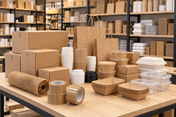 Packaging materials and disposable products in a warehouse
