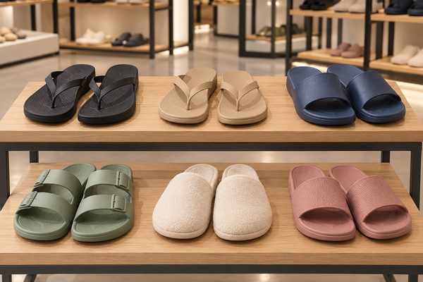 Colourful sandals and footwear on retail display